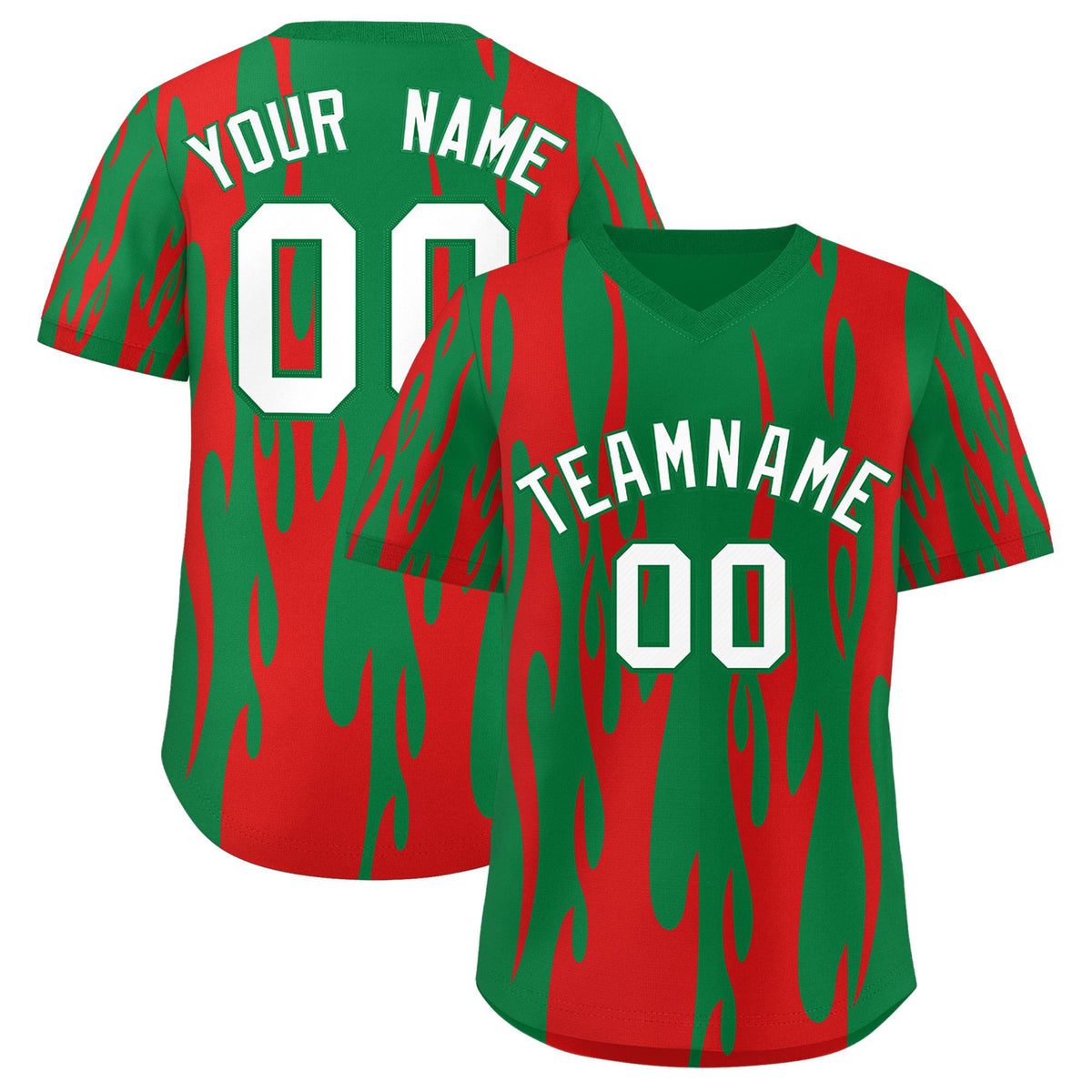 Custom Kelly Green Red Flame Pattern Authentic Pullover Baseball Jersey