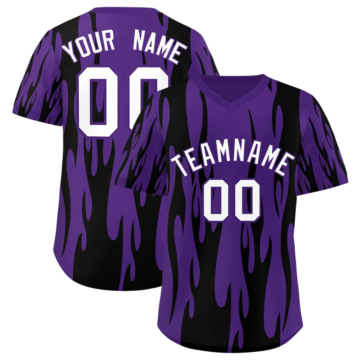 Custom Purple Black Flame Pattern Authentic Pullover Baseball Jersey