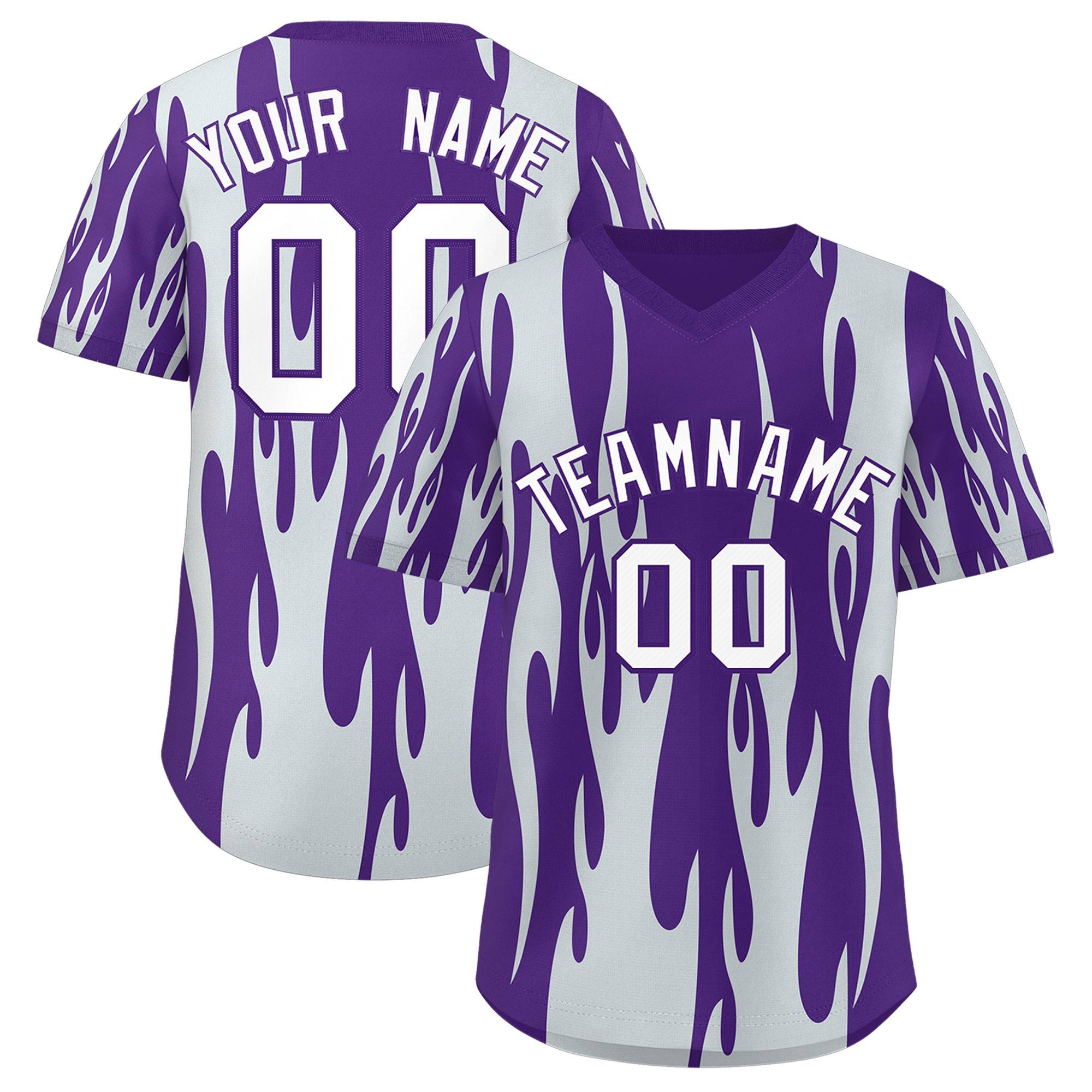 Custom Purple Silver Flame Pattern Authentic Pullover Baseball Jersey