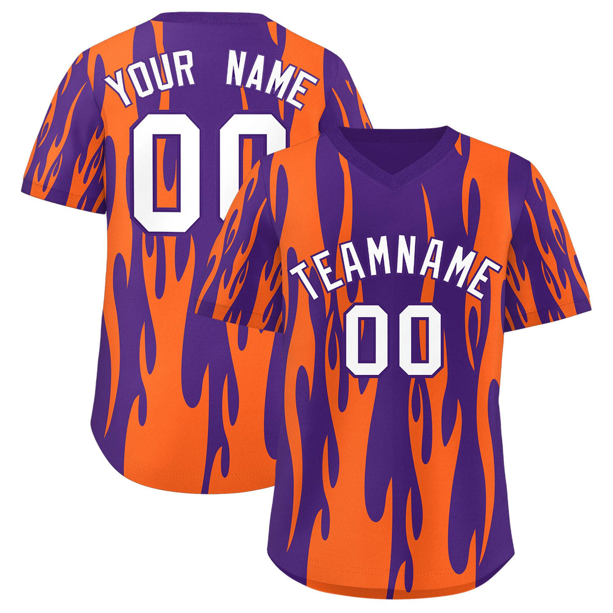 Custom Purple Orange Flame Pattern Authentic Pullover Baseball Jersey