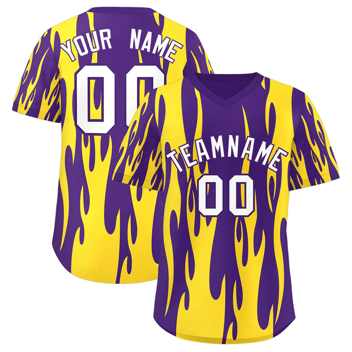 Custom Purple Gold Flame Pattern Authentic Pullover Baseball Jersey