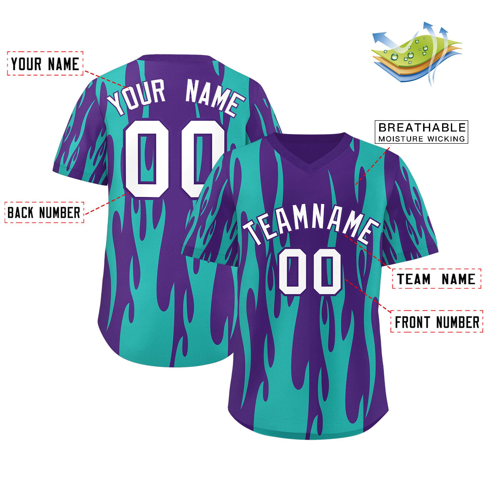 Custom Purple Aqua Flame Pattern Authentic Pullover Baseball Jersey