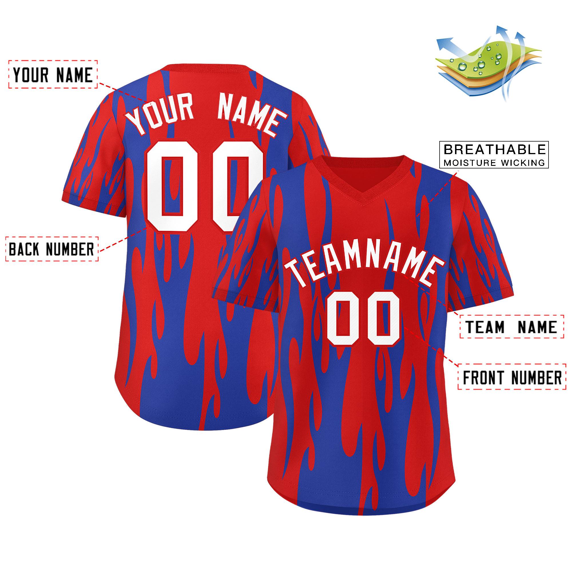 Custom Red Royal Flame Pattern Authentic Pullover Baseball Jersey