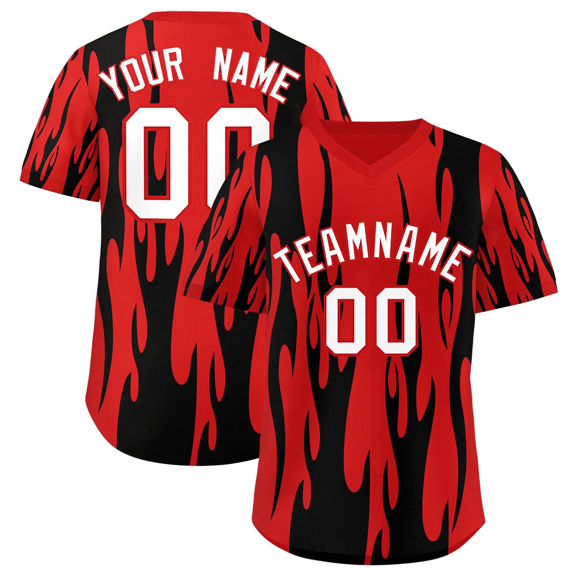 Custom Red Black Flame Pattern Authentic Pullover Baseball Jersey