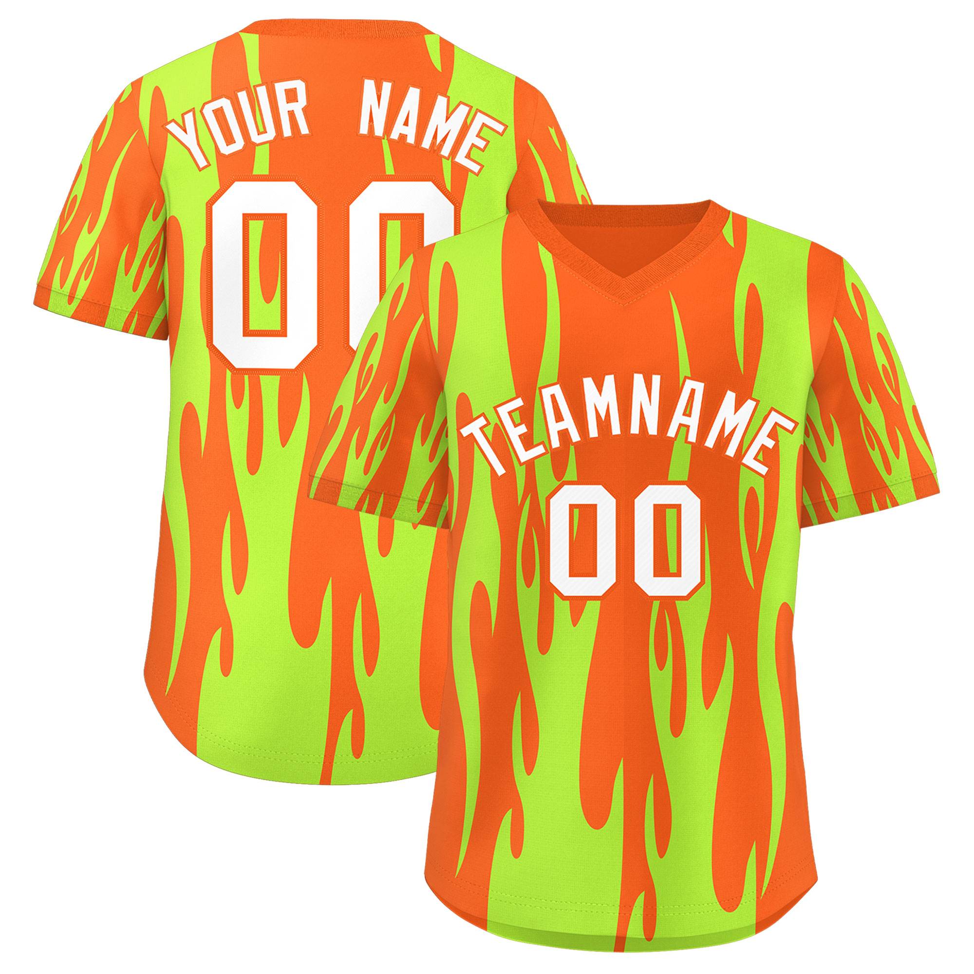 Custom Orange Neon Green Flame Pattern Authentic Pullover Baseball Jersey