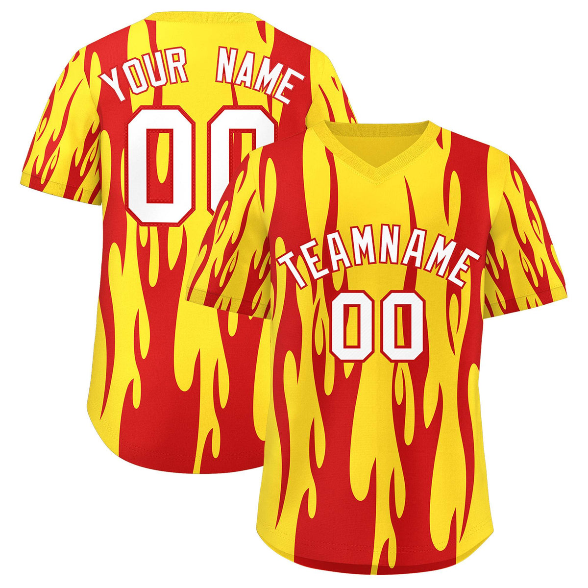 Custom Gold Red Flame Pattern Authentic Pullover Baseball Jersey