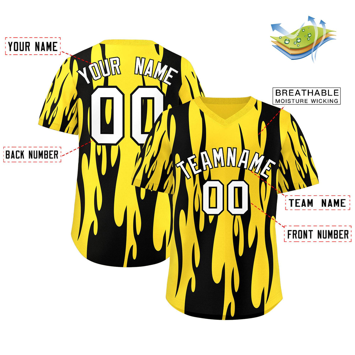 Custom Gold Black Flame Pattern Authentic Pullover Baseball Jersey