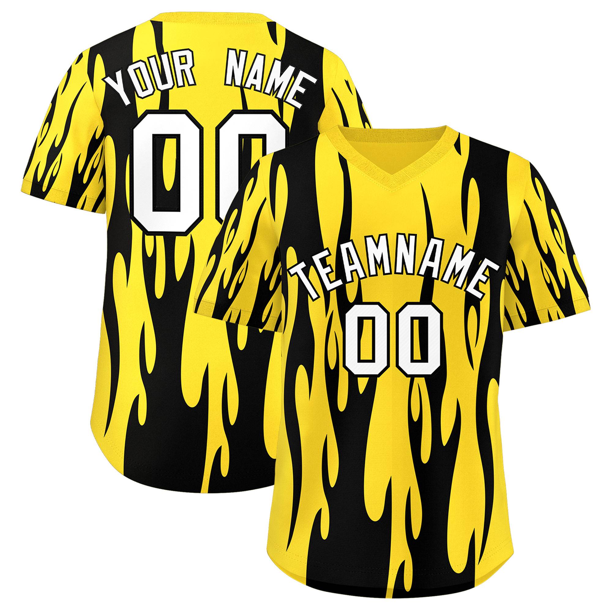 Custom Gold Black Flame Pattern Authentic Pullover Baseball Jersey