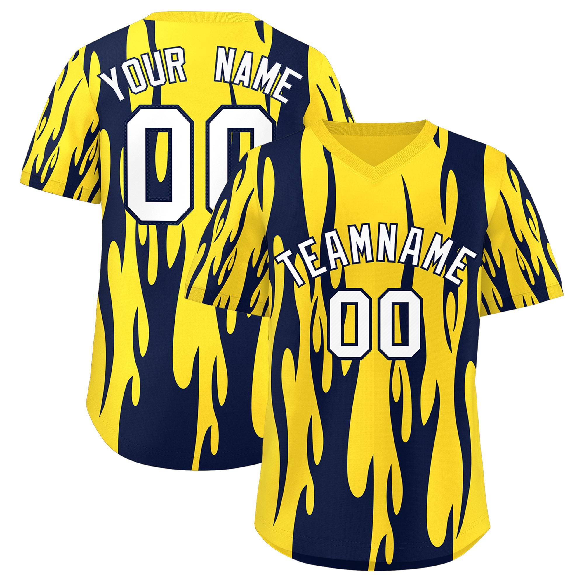 Custom Gold Navy Flame Pattern Authentic Pullover Baseball Jersey