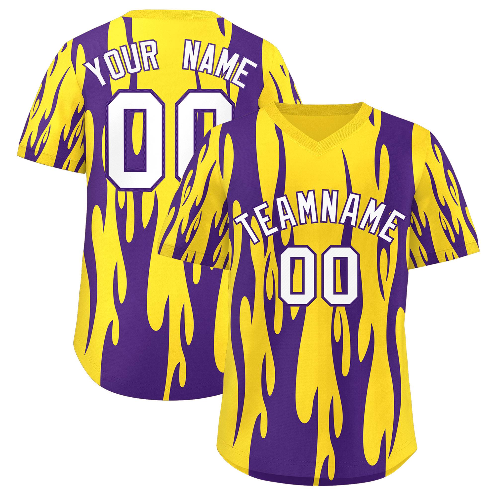 Custom Gold Purple Flame Pattern Authentic Pullover Baseball Jersey