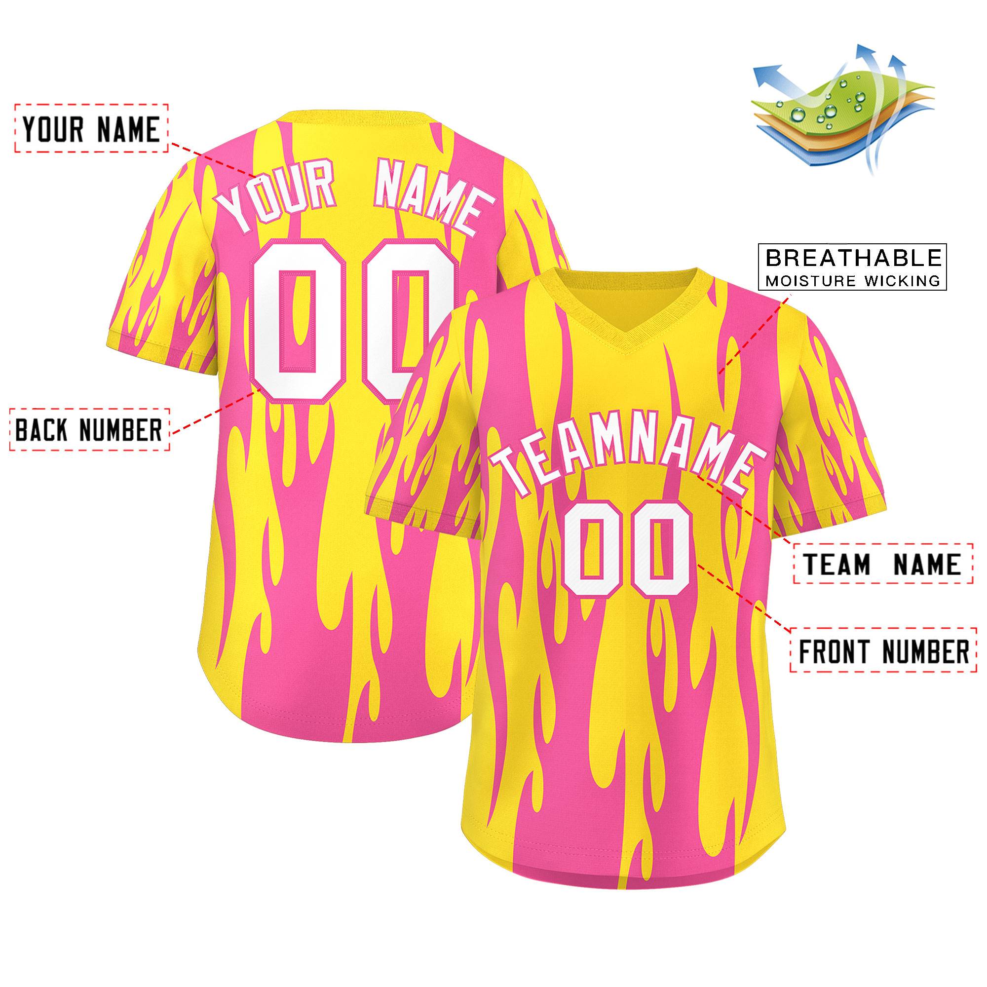 Custom Gold Pink Flame Pattern Authentic Pullover Baseball Jersey