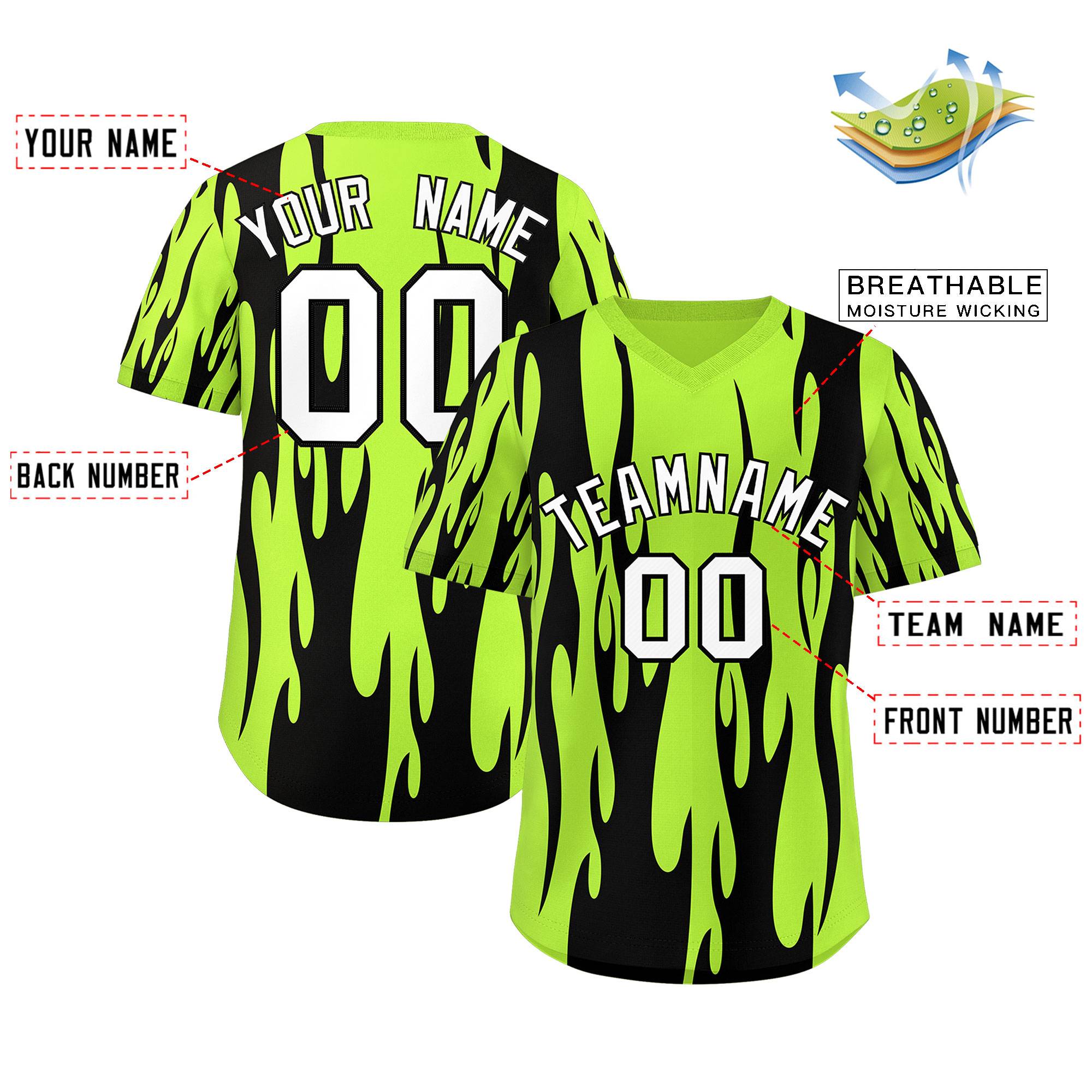 Custom Neon Green Black Flame Pattern Authentic Pullover Baseball Jersey