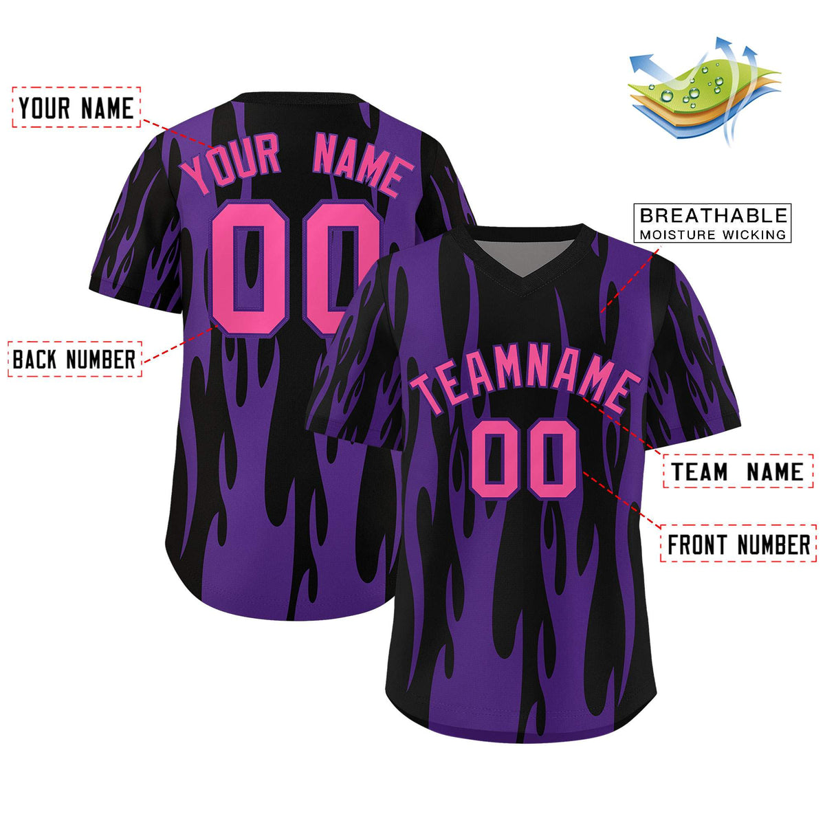 Custom Black Purple Flame Pattern Authentic Pullover Baseball Jersey