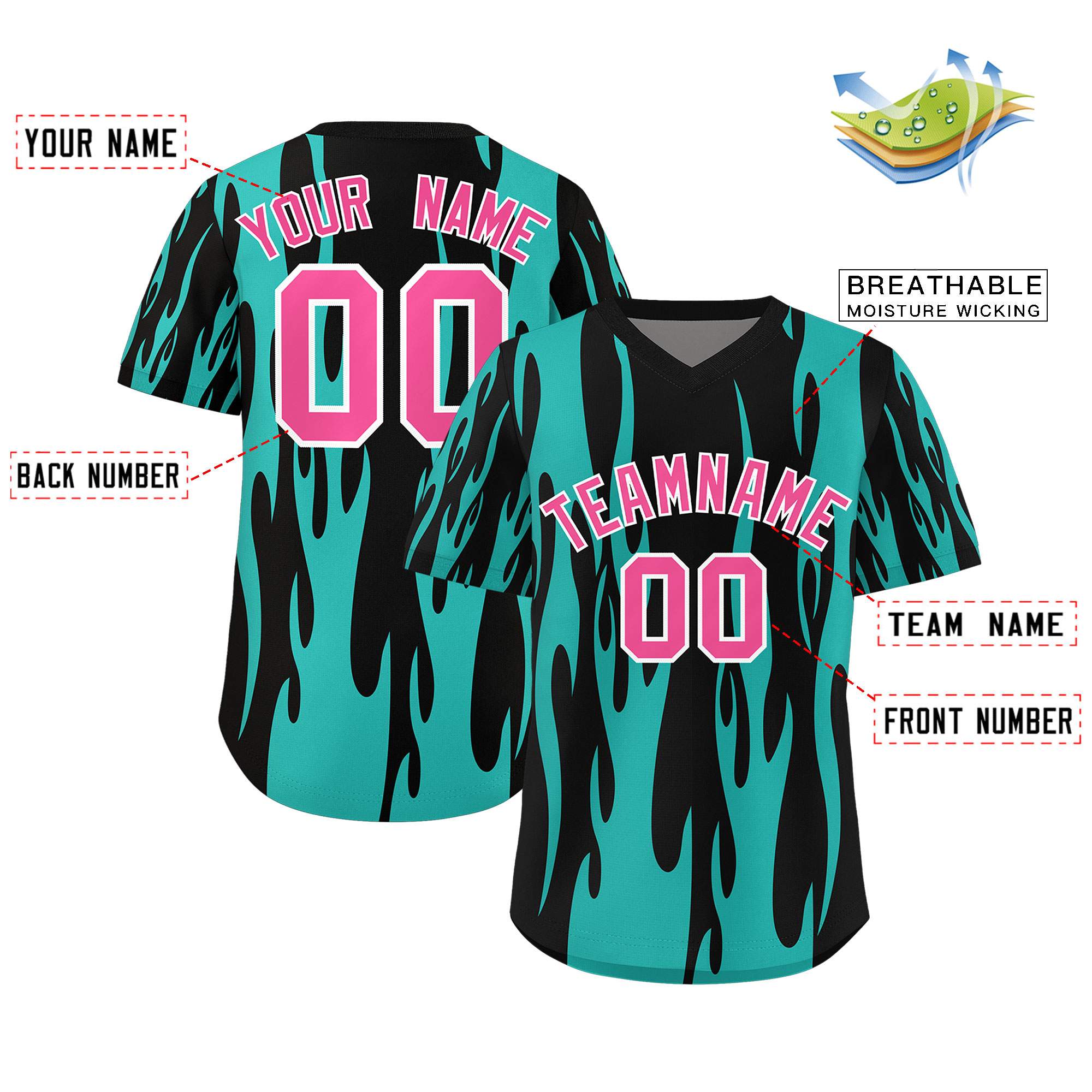Custom Black Aqua Flame Pattern Authentic Pullover Baseball Jersey