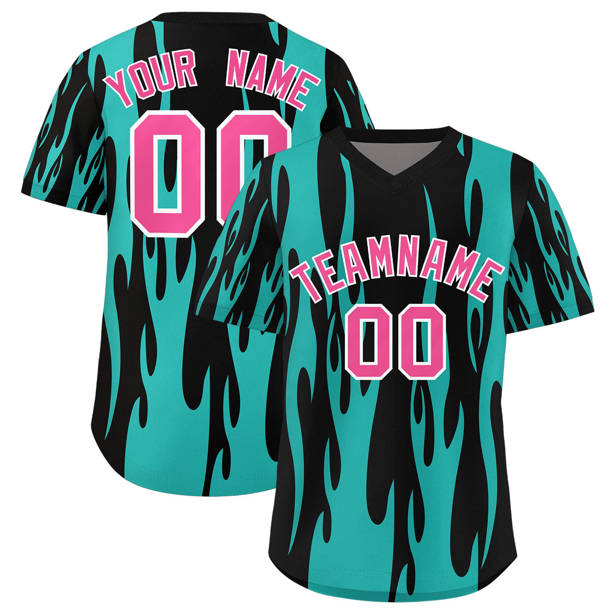 Custom Black Aqua Flame Pattern Authentic Pullover Baseball Jersey