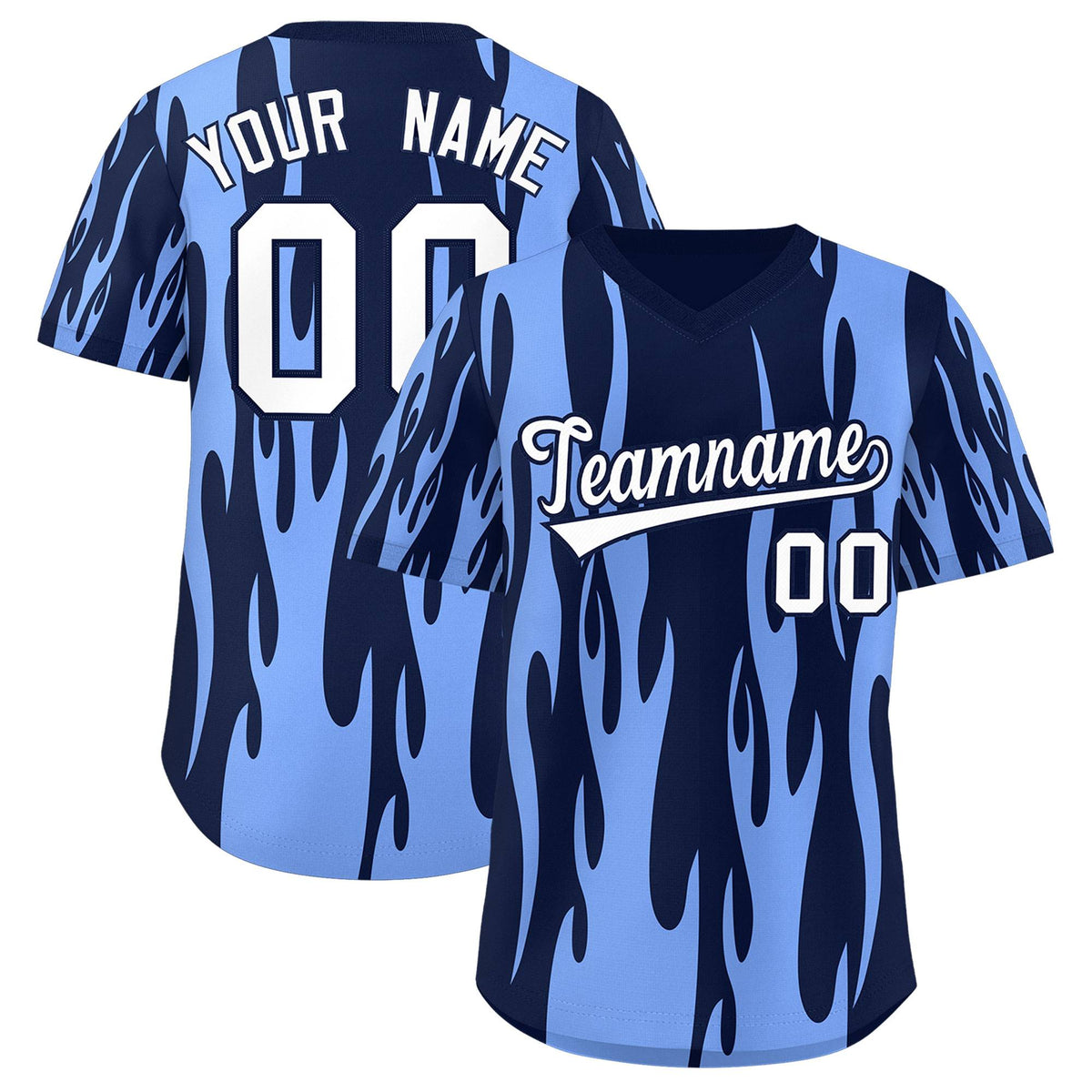 Custom Navy Light Blue Flame Pattern Authentic Pullover Baseball Jersey