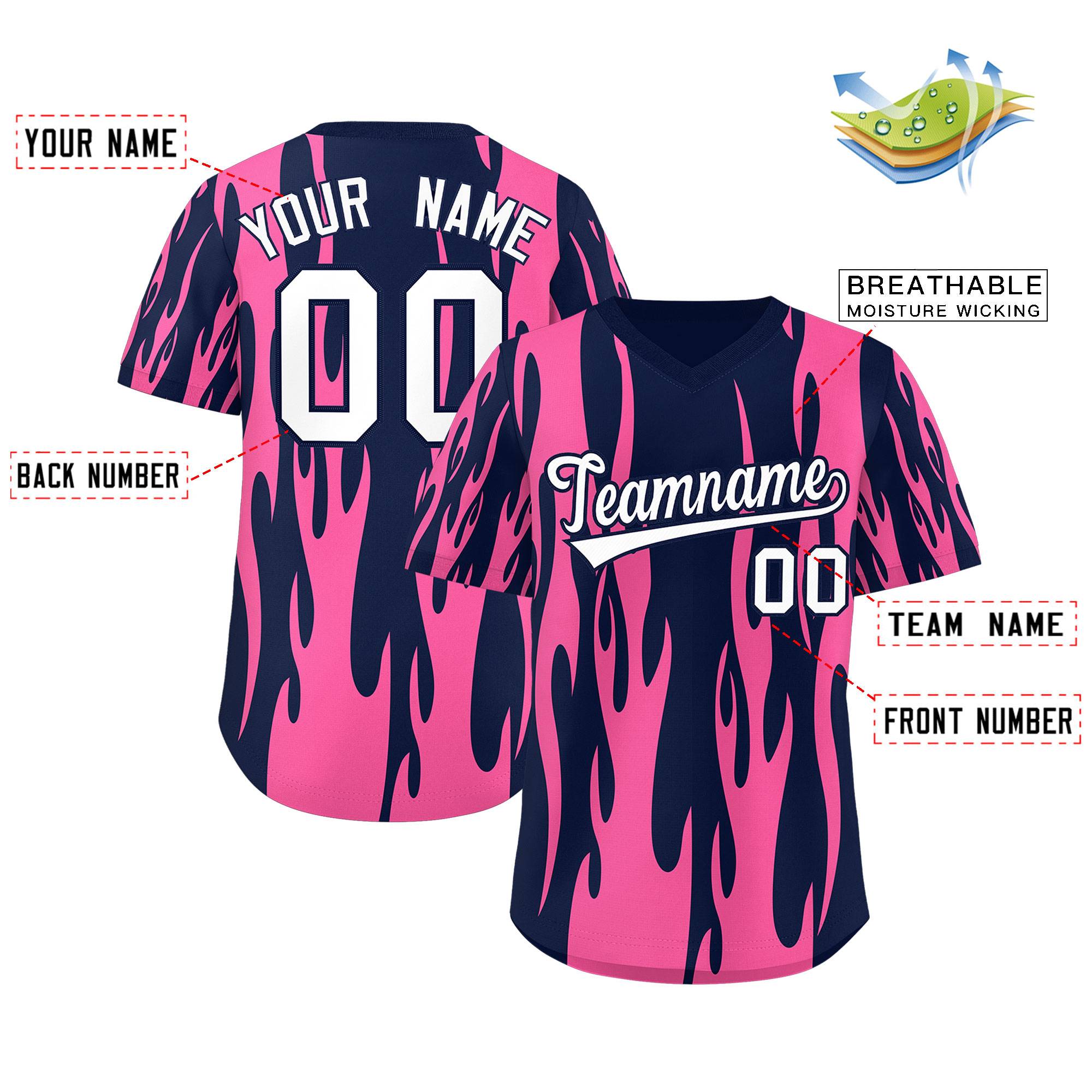 Custom Navy Pink Flame Pattern Authentic Pullover Baseball Jersey
