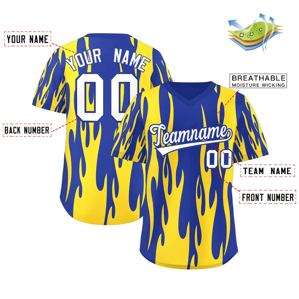 Custom Royal Gold Flame Pattern Authentic Pullover Baseball Jersey