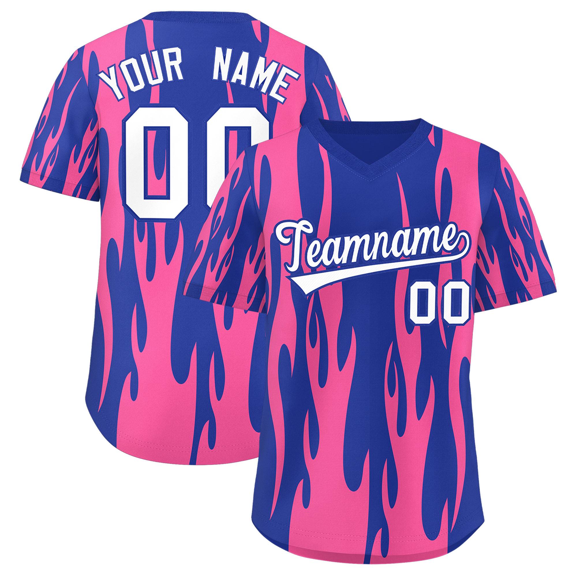 Custom Royal Pink Flame Pattern Authentic Pullover Baseball Jersey