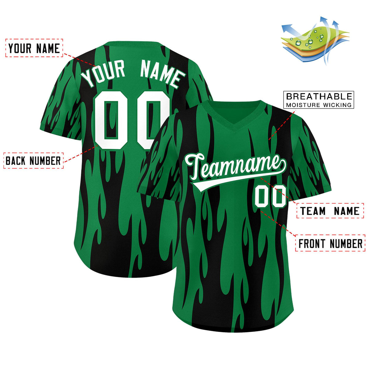 Custom Kelly Green Black Flame Pattern Authentic Pullover Baseball Jersey