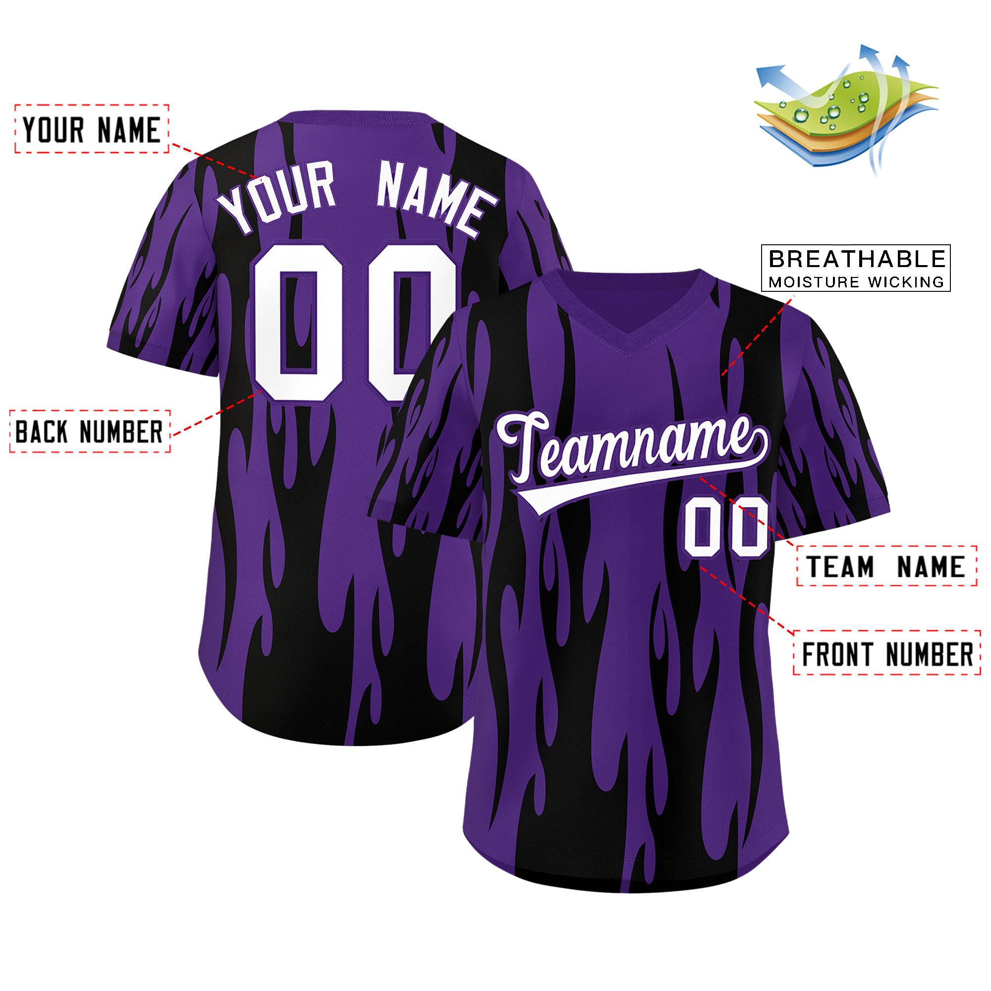 Custom Purple Black Flame Pattern Authentic Pullover Baseball Jersey