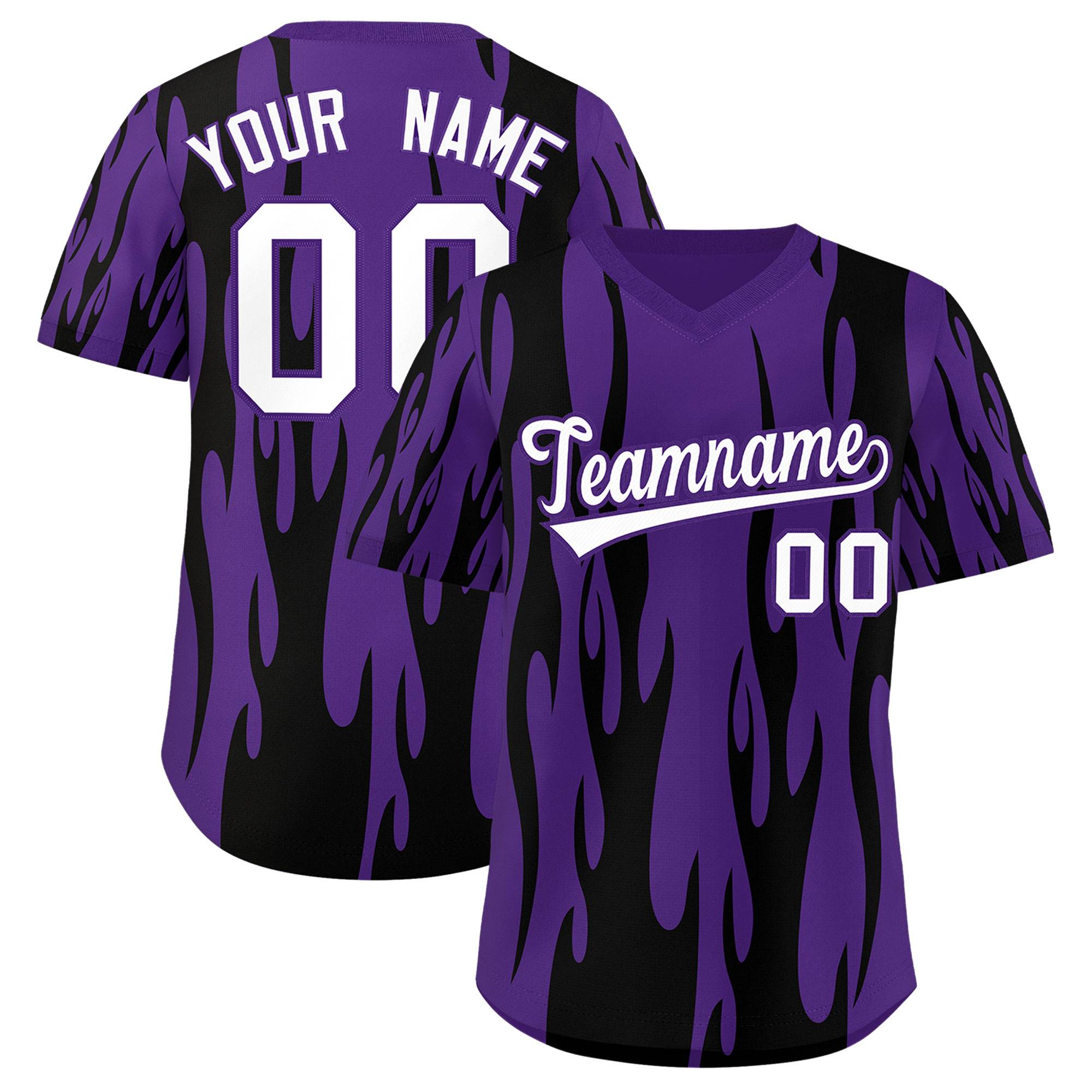 Custom Purple Black Flame Pattern Authentic Pullover Baseball Jersey