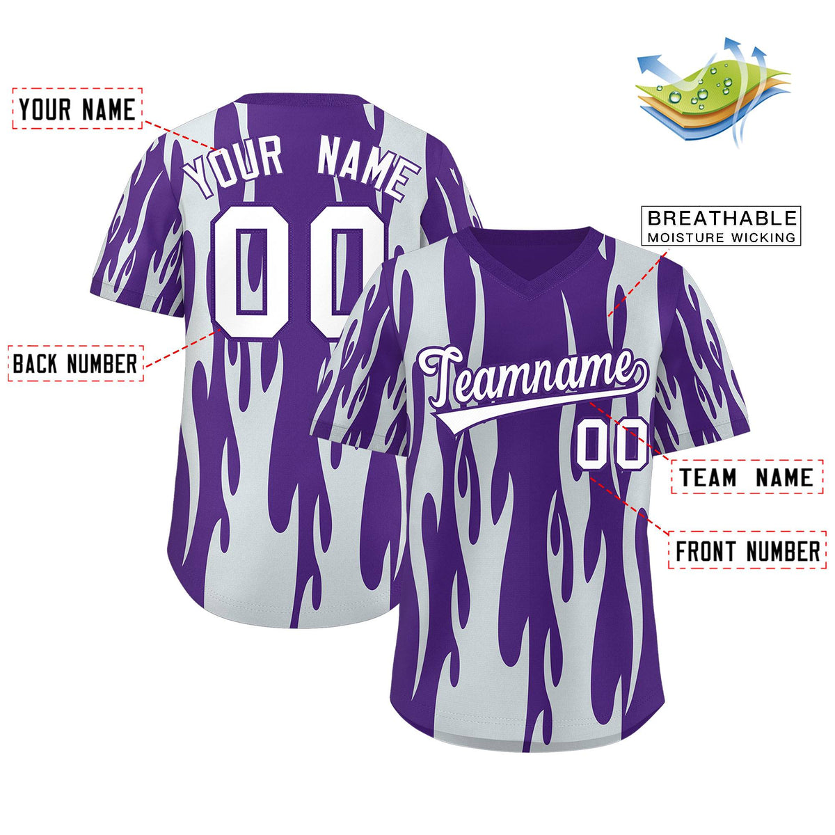 Custom Purple Silver Flame Pattern Authentic Pullover Baseball Jersey