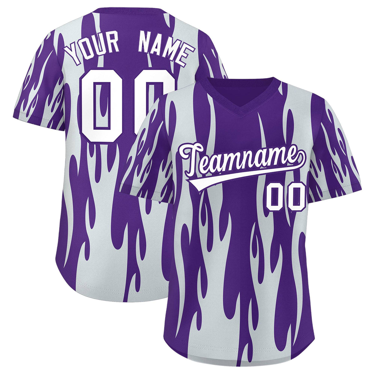 Custom Purple Silver Flame Pattern Authentic Pullover Baseball Jersey