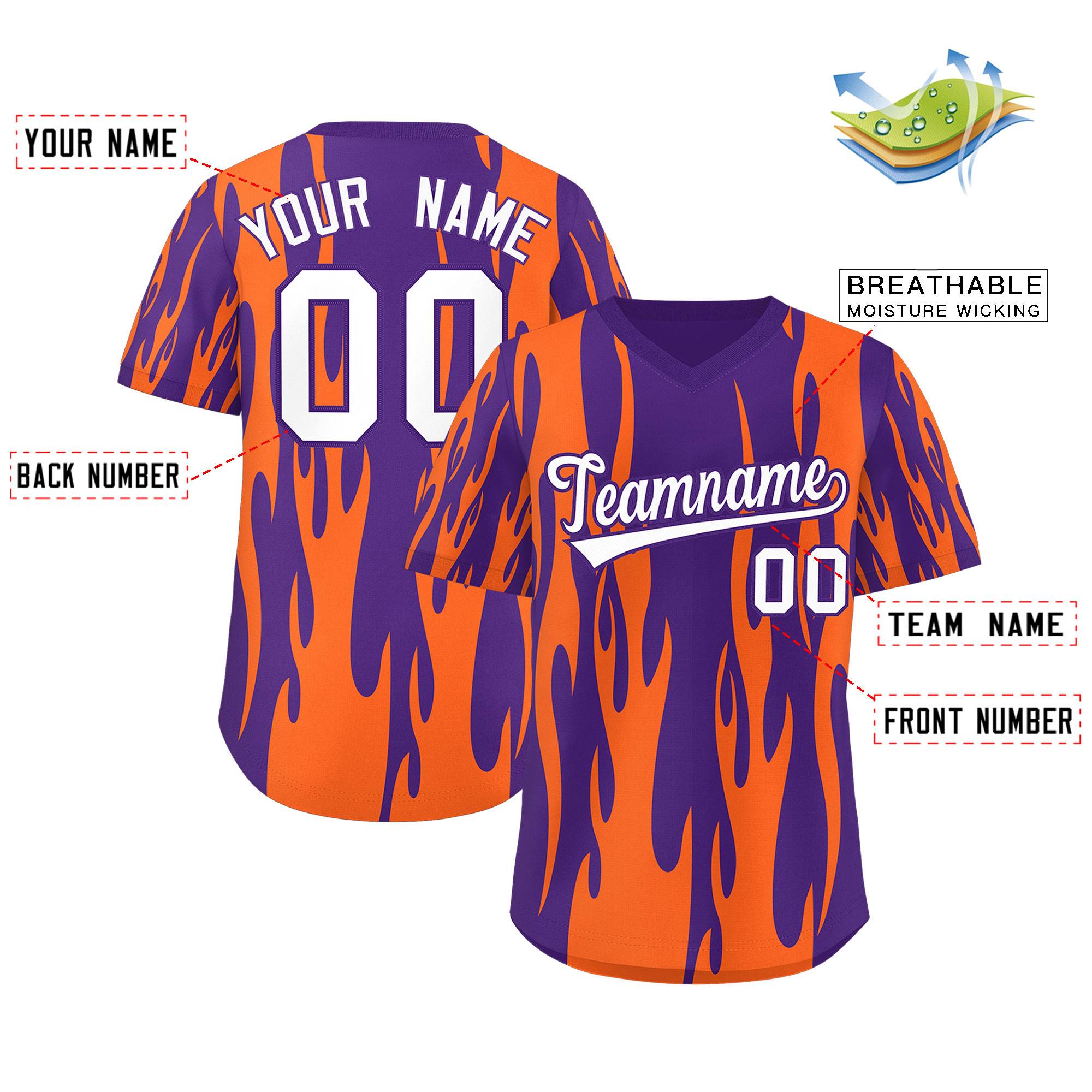 Custom Purple Orange Flame Pattern Authentic Pullover Baseball Jersey
