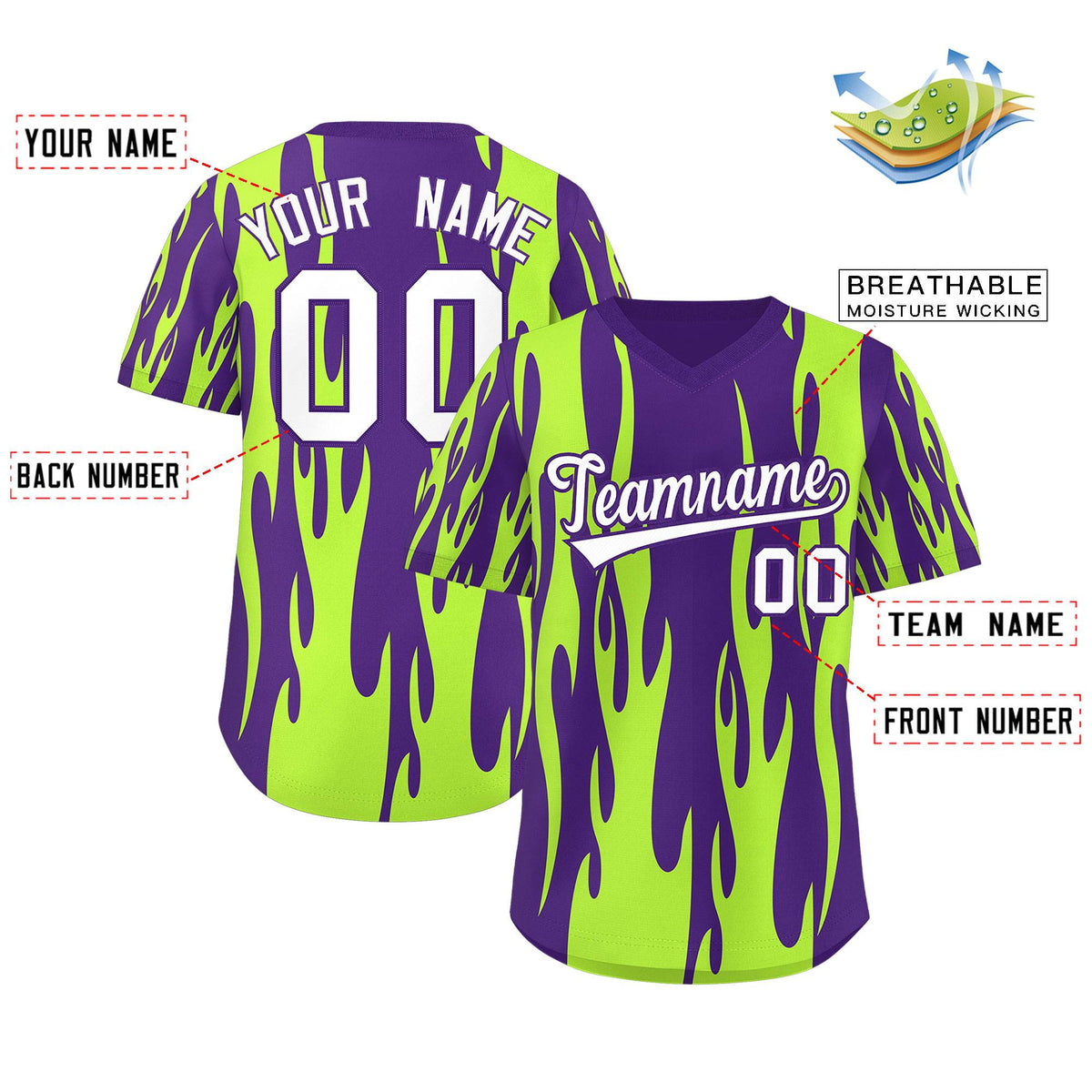 Custom Purple Neon Green Flame Pattern Authentic Pullover Baseball Jersey