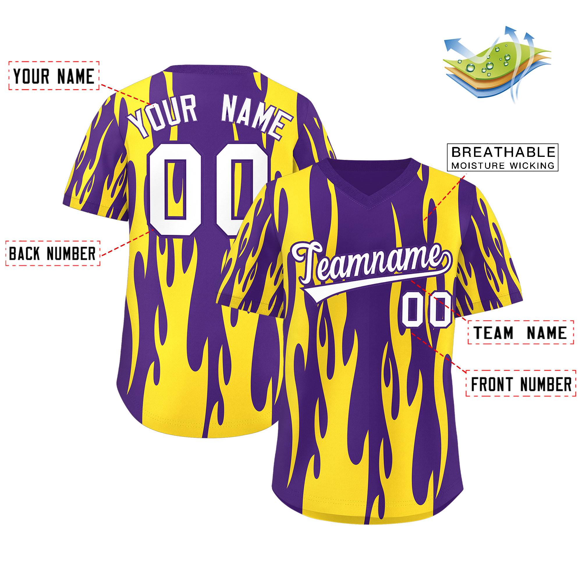 Custom Purple Gold Flame Pattern Authentic Pullover Baseball Jersey