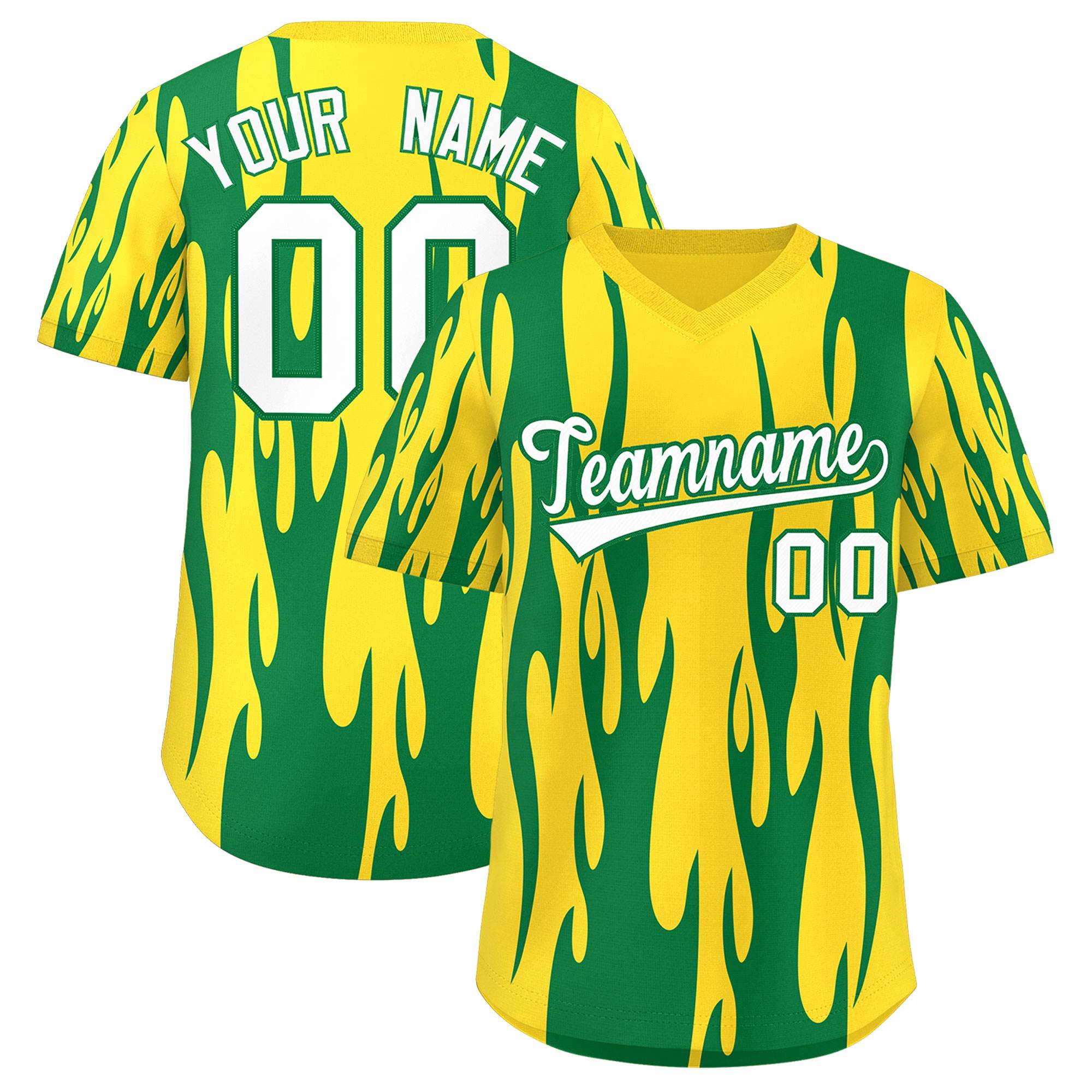 Custom Gold Kelly Green Flame Pattern Authentic Pullover Baseball Jersey