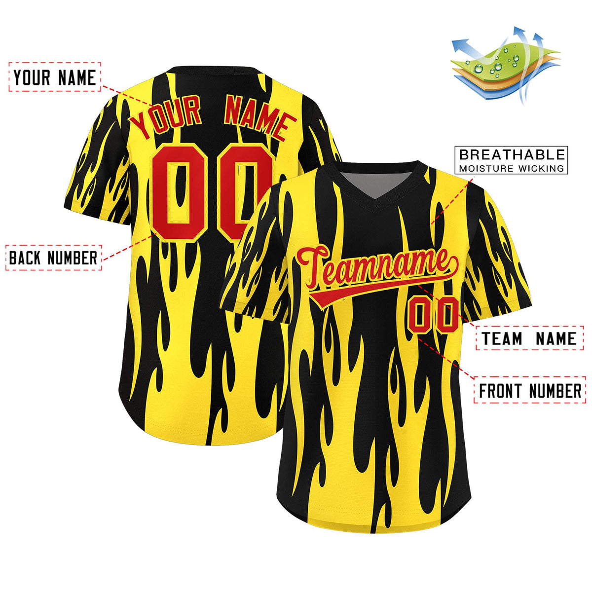Custom Black Gold Flame Pattern Authentic Pullover Baseball Jersey