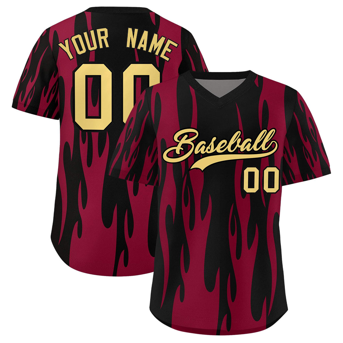 Custom Black Crimson Flame Pattern Authentic Pullover Baseball Jersey