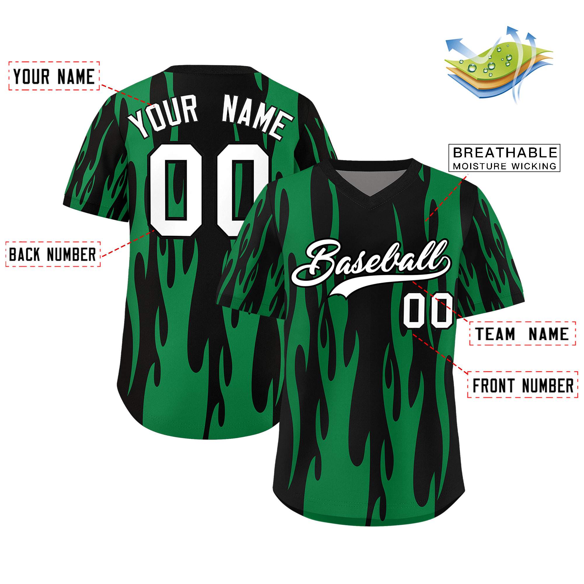 Custom Black Kelly Green Flame Pattern Authentic Pullover Baseball Jersey