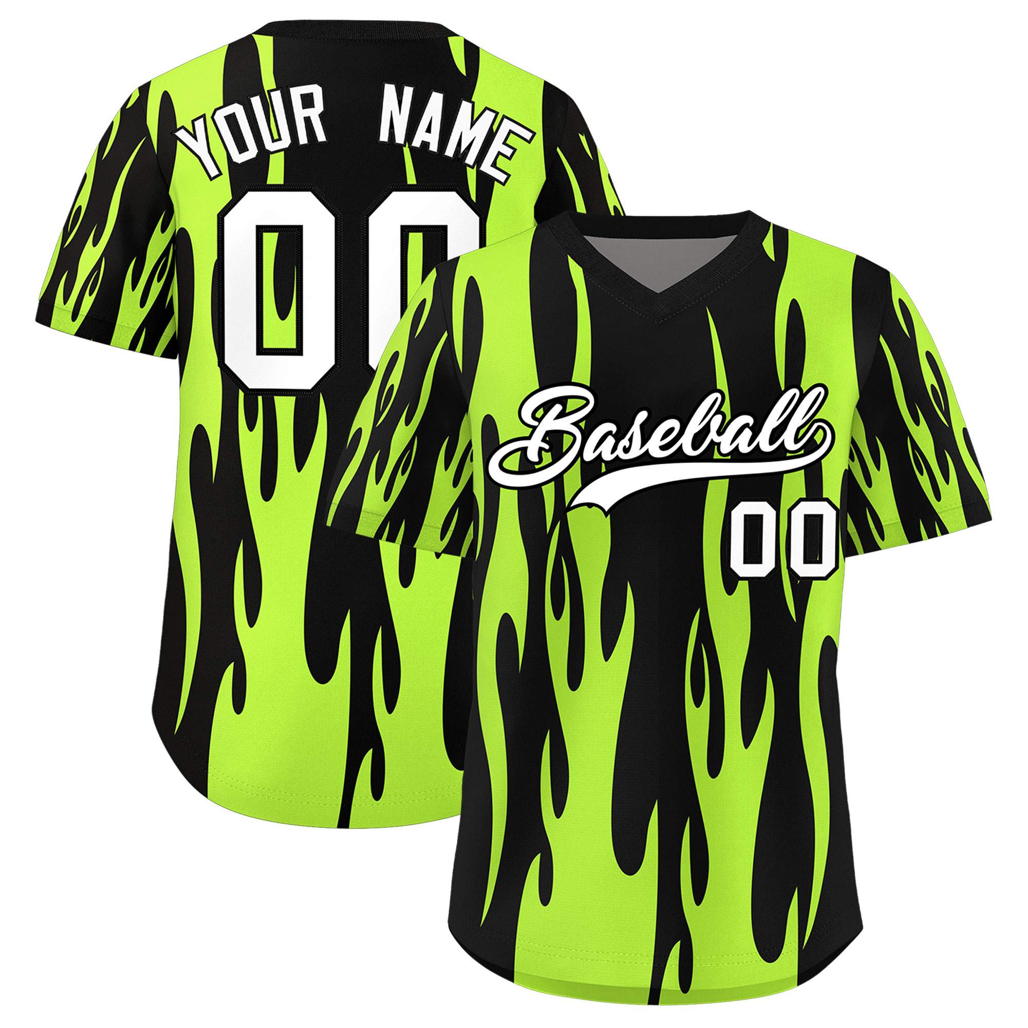 Custom Black Neon Green Flame Pattern Authentic Pullover Baseball Jersey