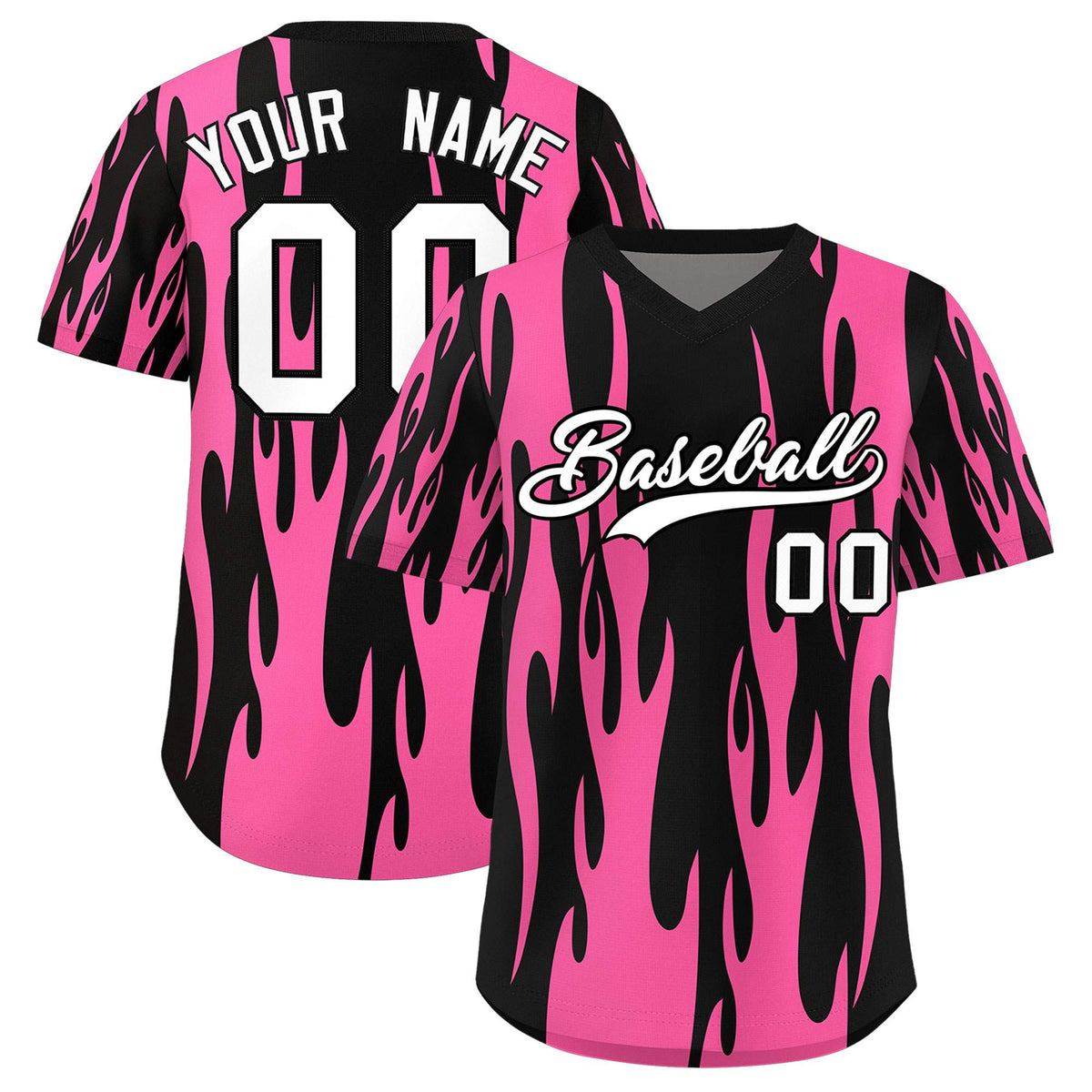 Custom Black Pink Flame Pattern Authentic Pullover Baseball Jersey