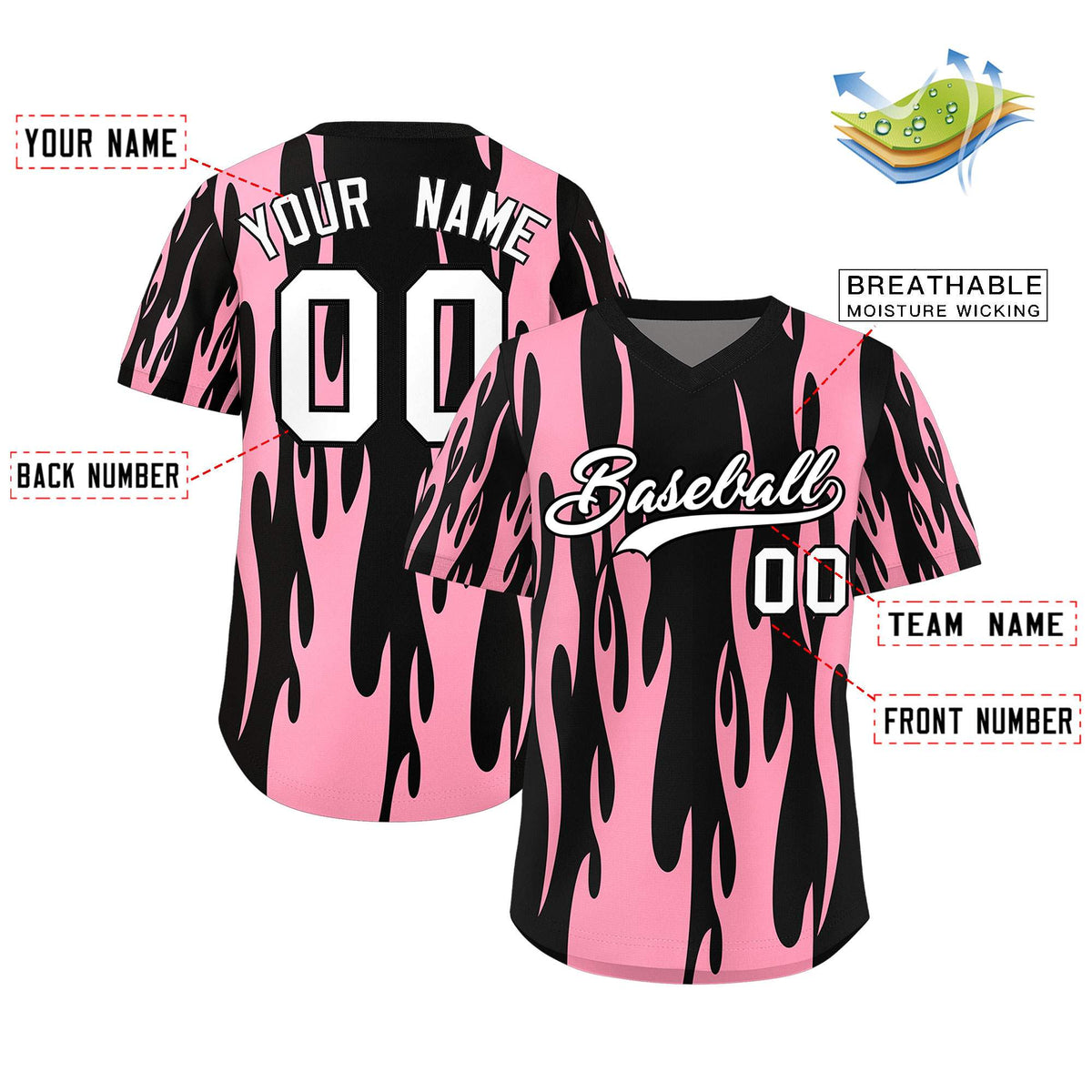 Custom Black Light Pink Flame Pattern Authentic Pullover Baseball Jersey