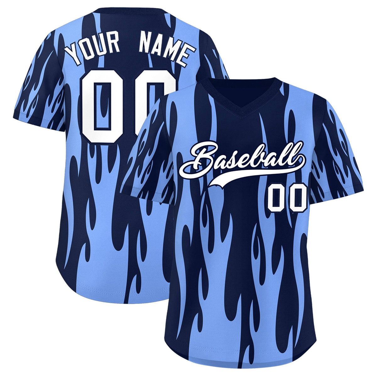 Custom Navy Light Blue Flame Pattern Authentic Pullover Baseball Jersey
