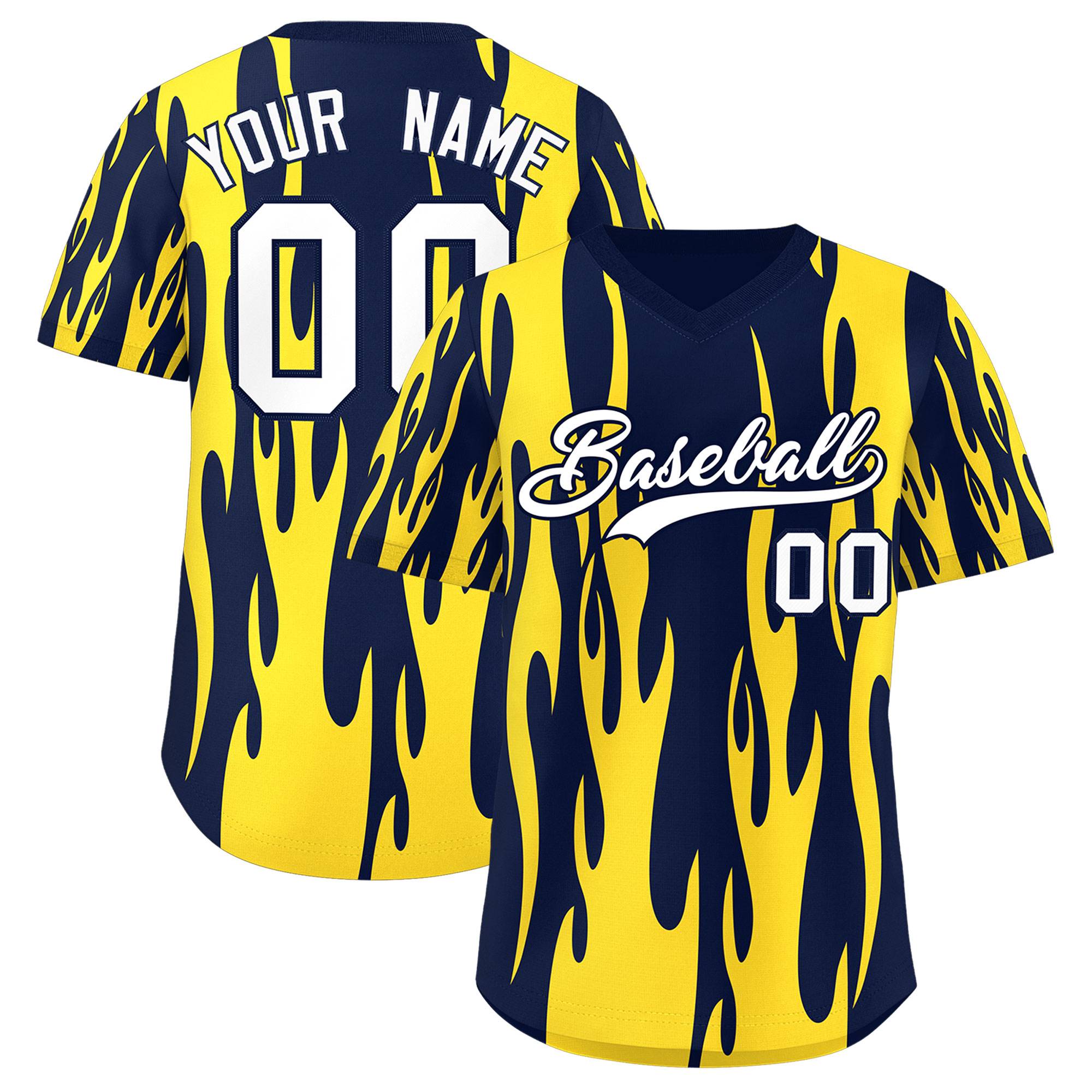 Custom Navy Gold Flame Pattern Authentic Pullover Baseball Jersey