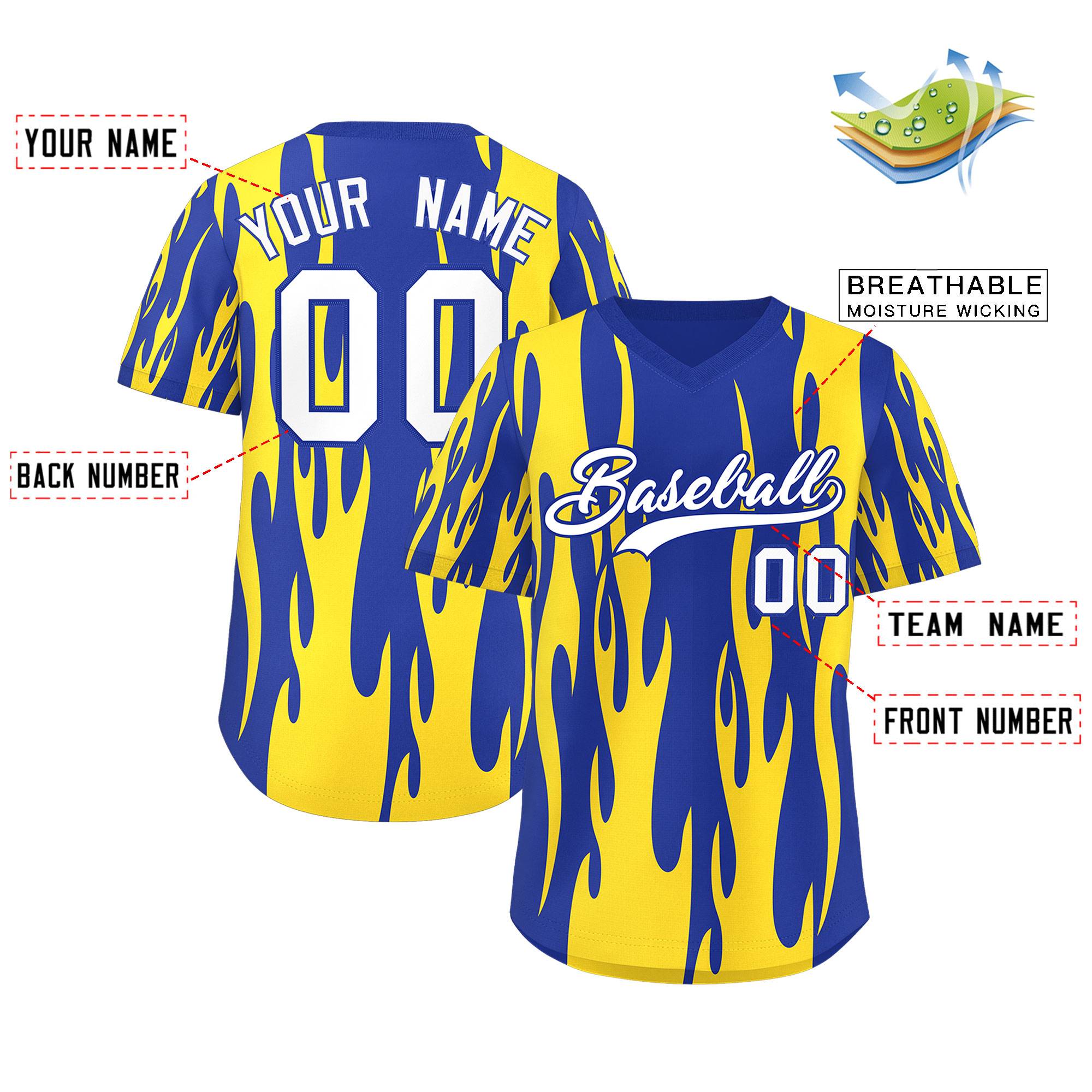 Custom Royal Gold Flame Pattern Authentic Pullover Baseball Jersey