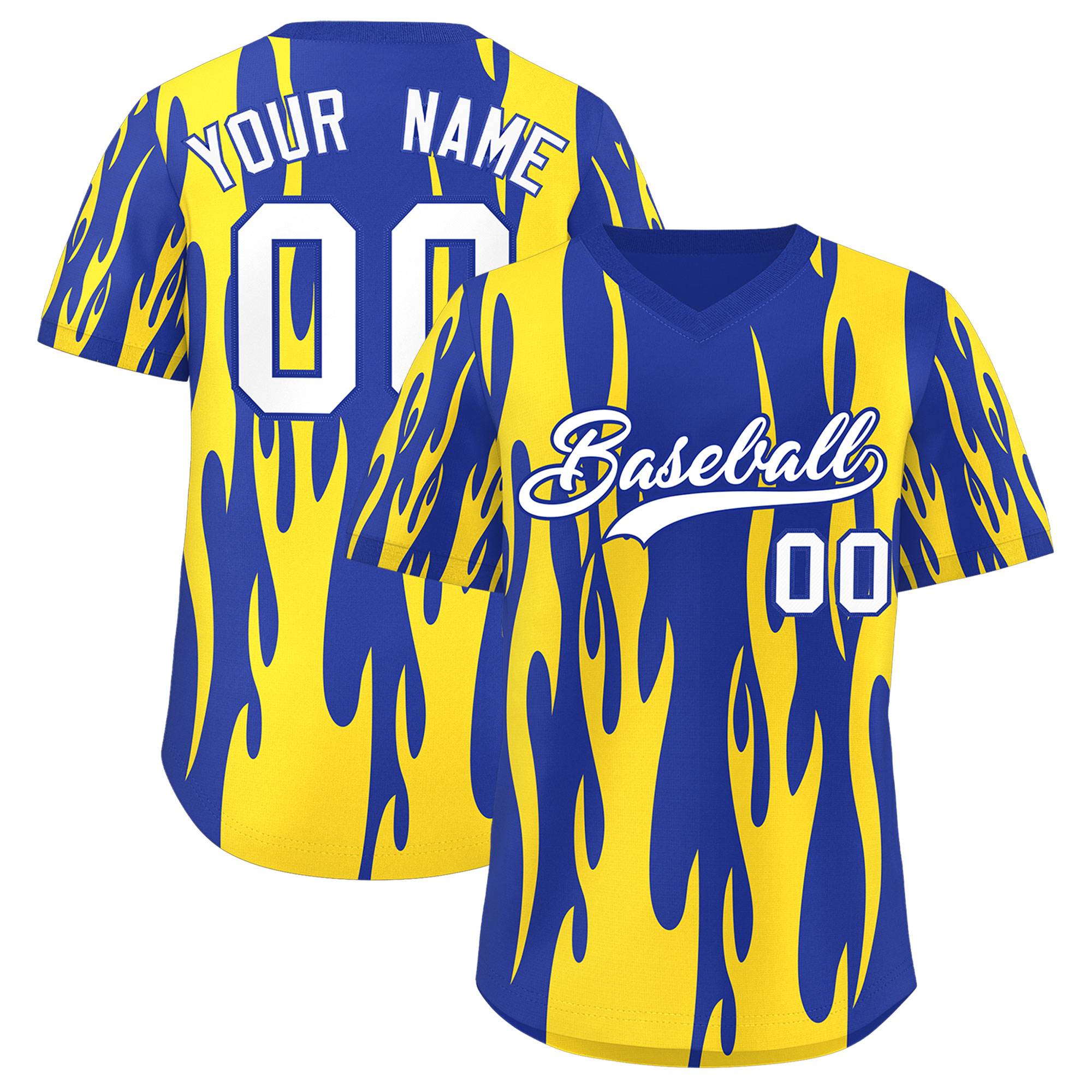 Custom Royal Gold Flame Pattern Authentic Pullover Baseball Jersey