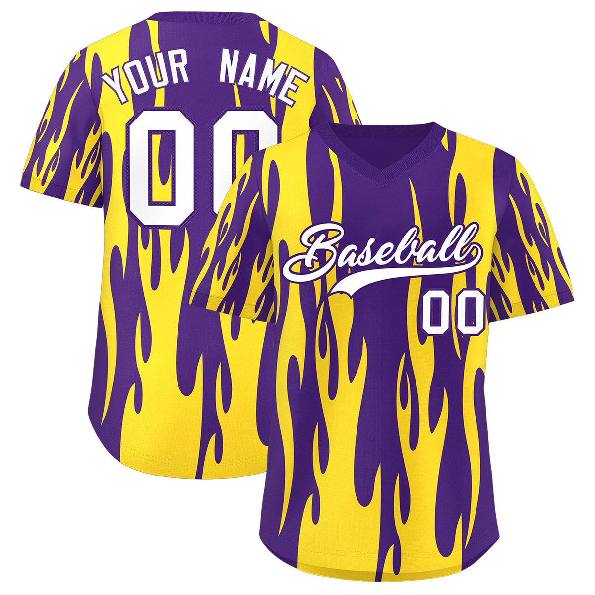 Custom Purple Gold Flame Pattern Authentic Pullover Baseball Jersey