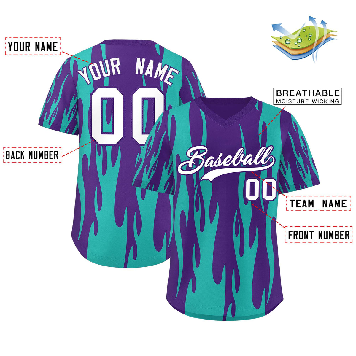 Custom Purple Aqua Flame Pattern Authentic Pullover Baseball Jersey