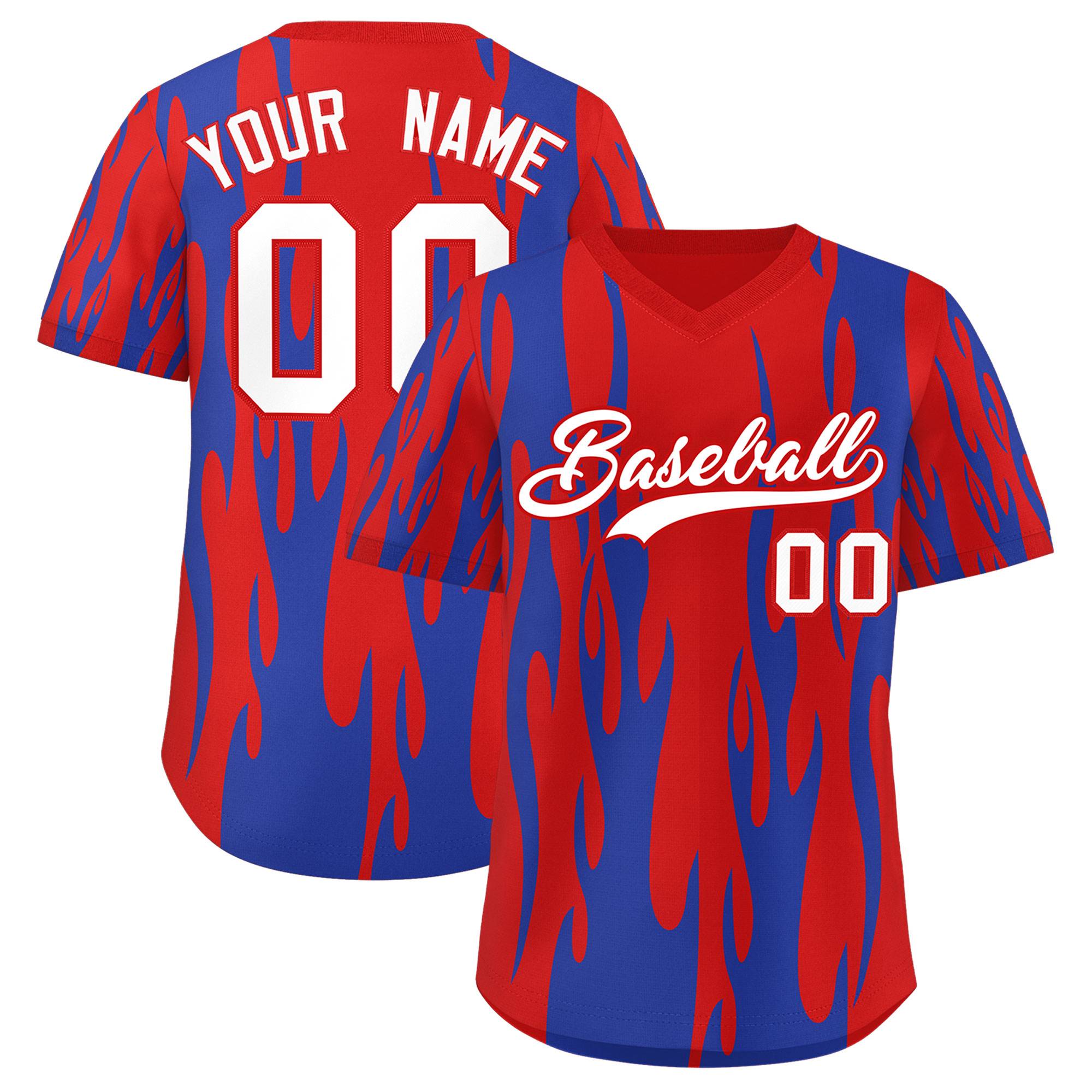 Custom Red Royal Flame Pattern Authentic Pullover Baseball Jersey