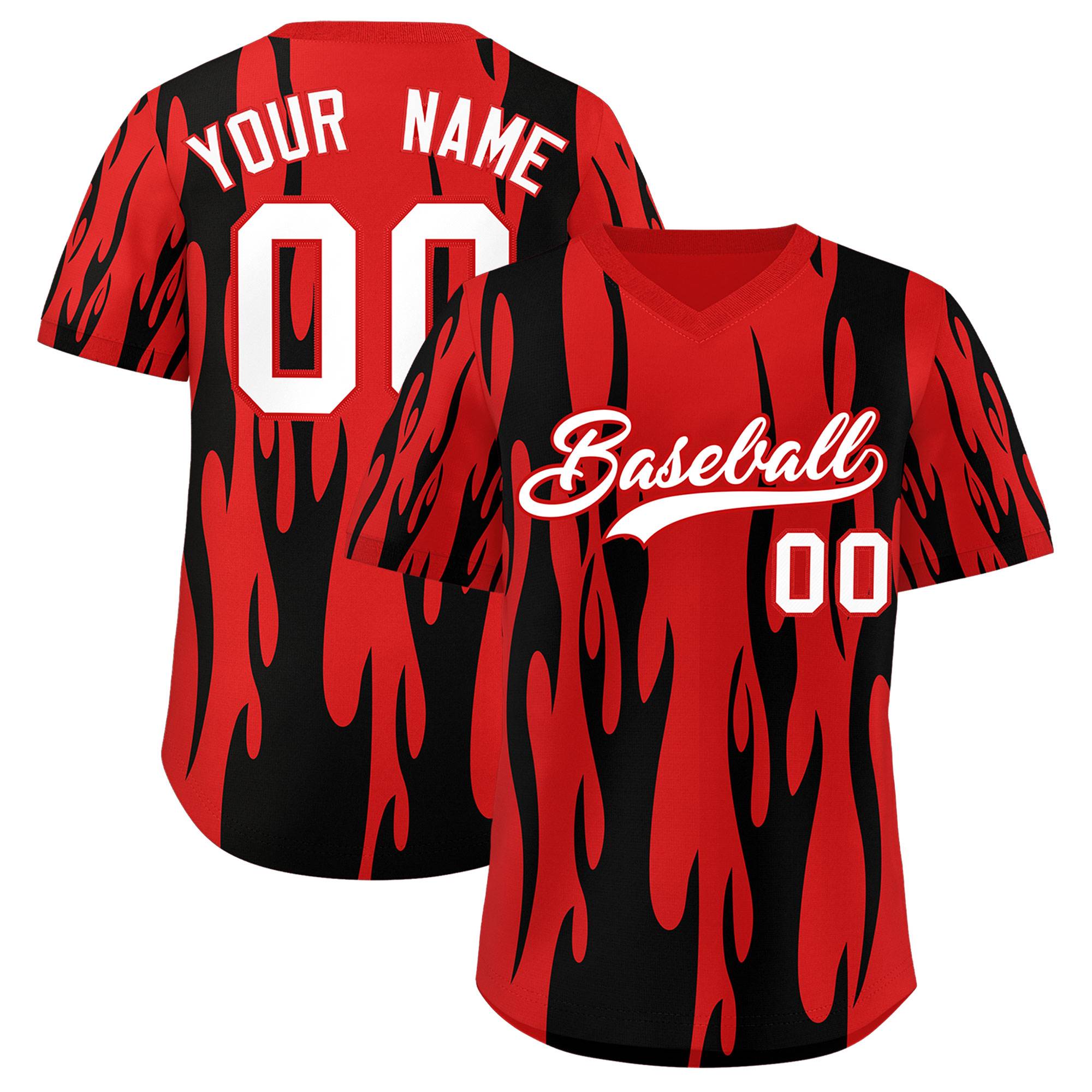 Custom Red Black Flame Pattern Authentic Pullover Baseball Jersey