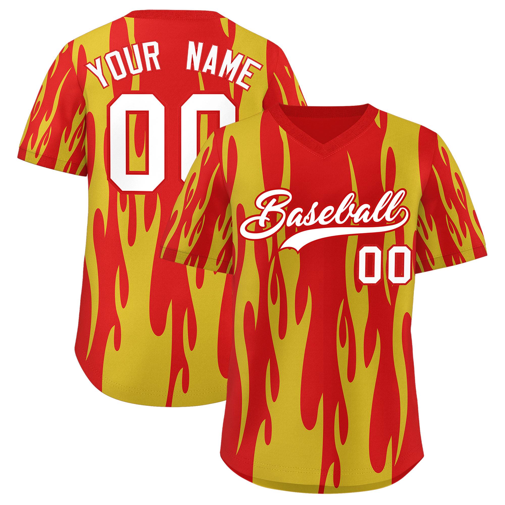 Custom Red Gold Flame Pattern Authentic Pullover Baseball Jersey