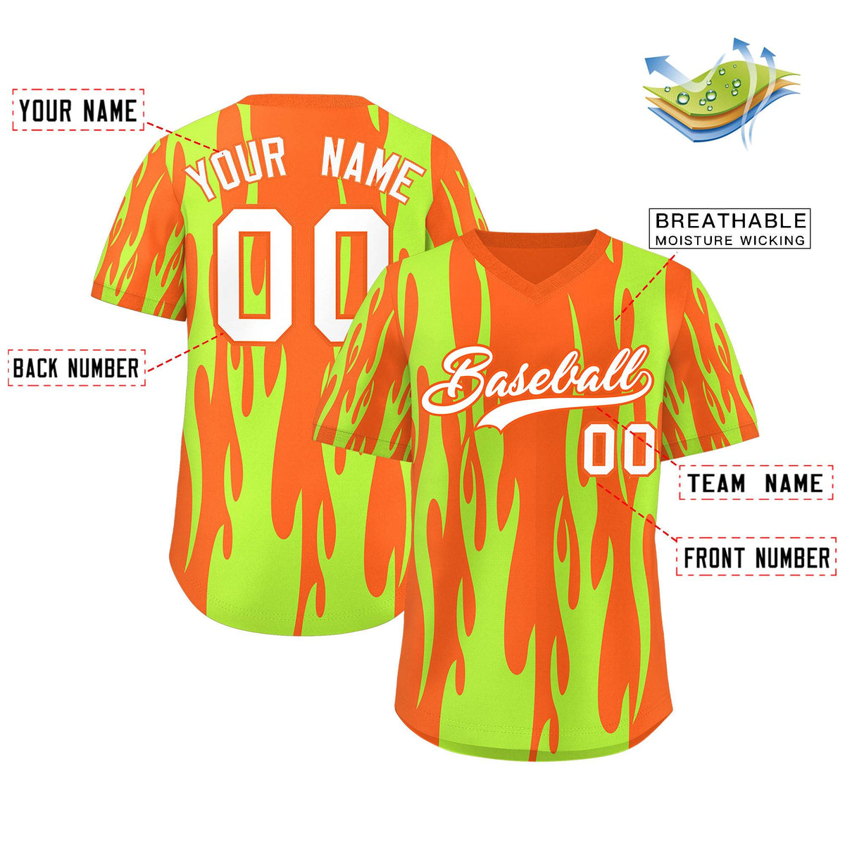 Custom Orange Neon Green Flame Pattern Authentic Pullover Baseball Jersey