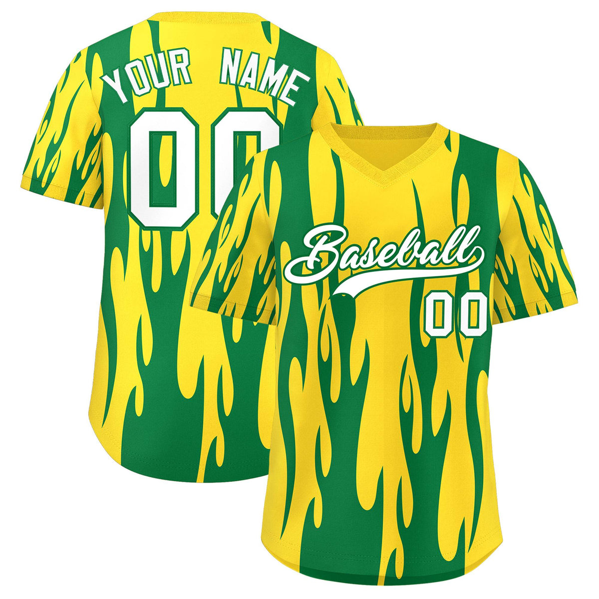 Custom Gold Kelly Green Flame Pattern Authentic Pullover Baseball Jersey