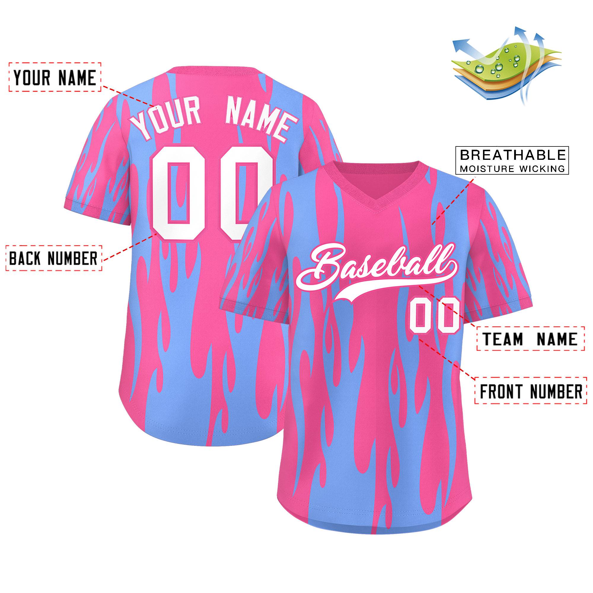 Custom Pink Light Blue Flame Pattern Authentic Pullover Baseball Jersey